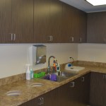 Medical laboratory area with a stainless steel sink, brown cabinets, and integrated countertop waste chutes.